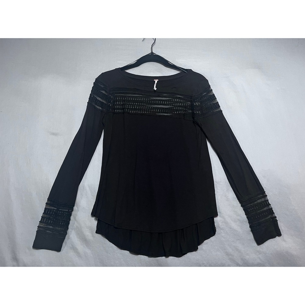 Free People Black Mesh Crochet Trim Long Sleeve High Low Top XS